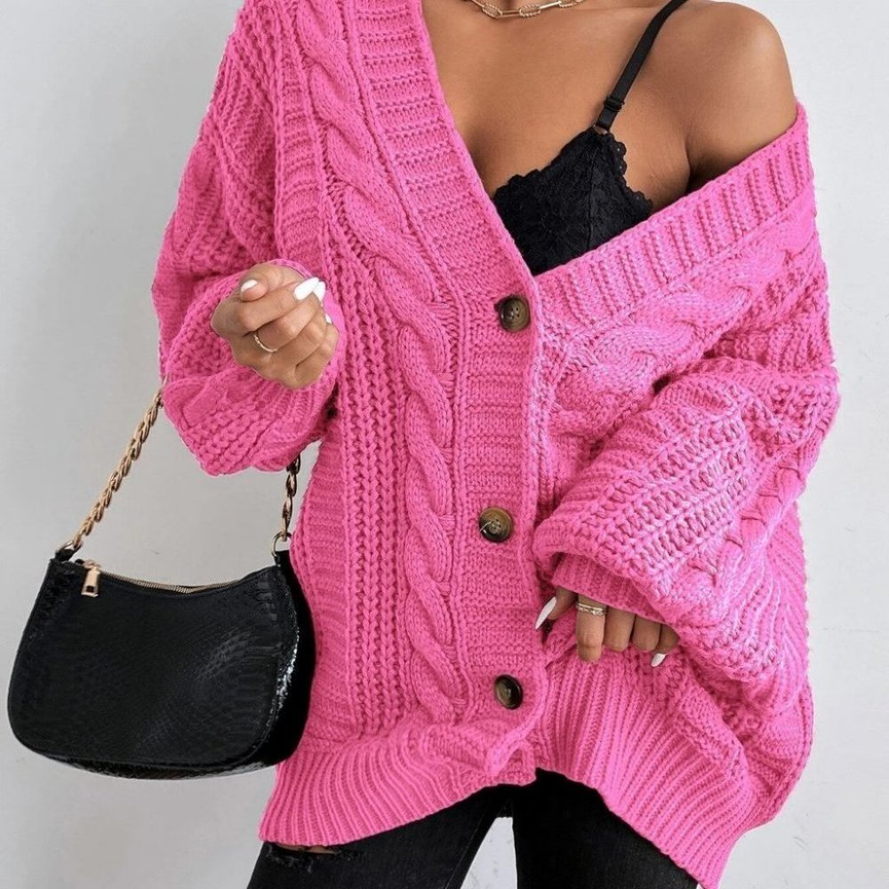 Cable Knit button down Pink Sweater Cardigan - Picture 4 of 4